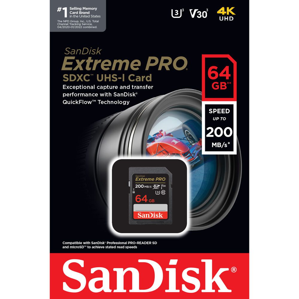 SanDisk Memory Card Extreme Pro SDHC/SDXC SD Card 64GB 200MB/s