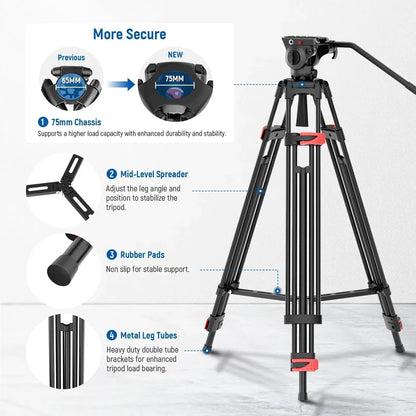 Neewer BASICS TP37 74"/187cm Aluminium Video Tripod with Fluid Head