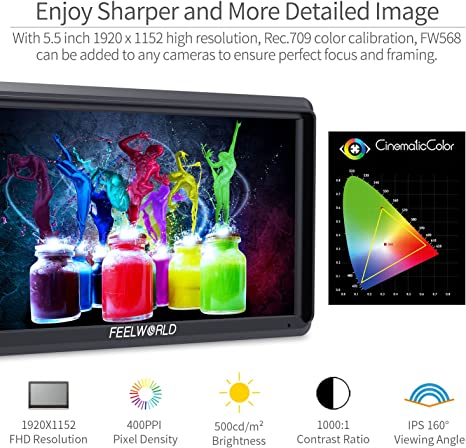 FEELWORLD FW568 V2 5.5 inch DSLR Camera Field Monitor with Waveform LUTs Video Peaking Focus Assist Small Full HD 1920x1152 IPS with 4K HDMI 8.4V DC Input Output Include Tilt Arm